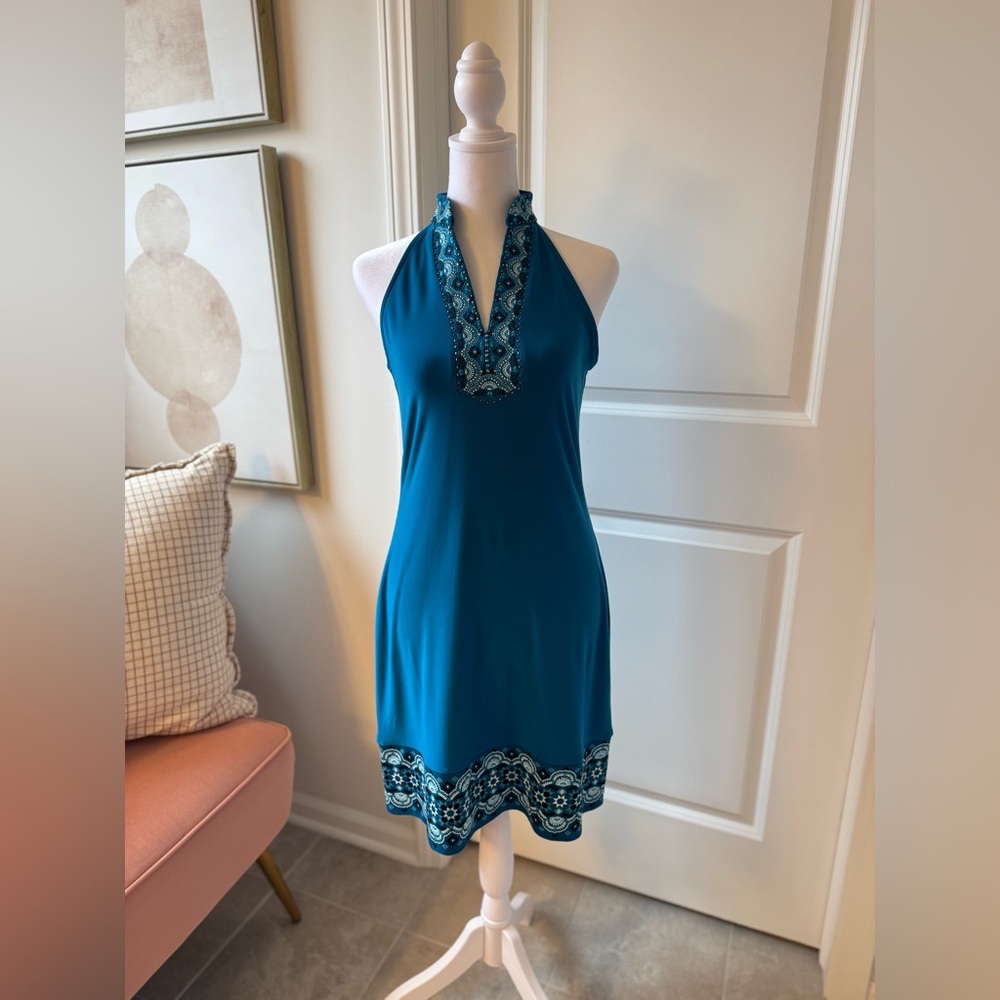 White House Black Market Teal Halter Dress with Embroidered Trim